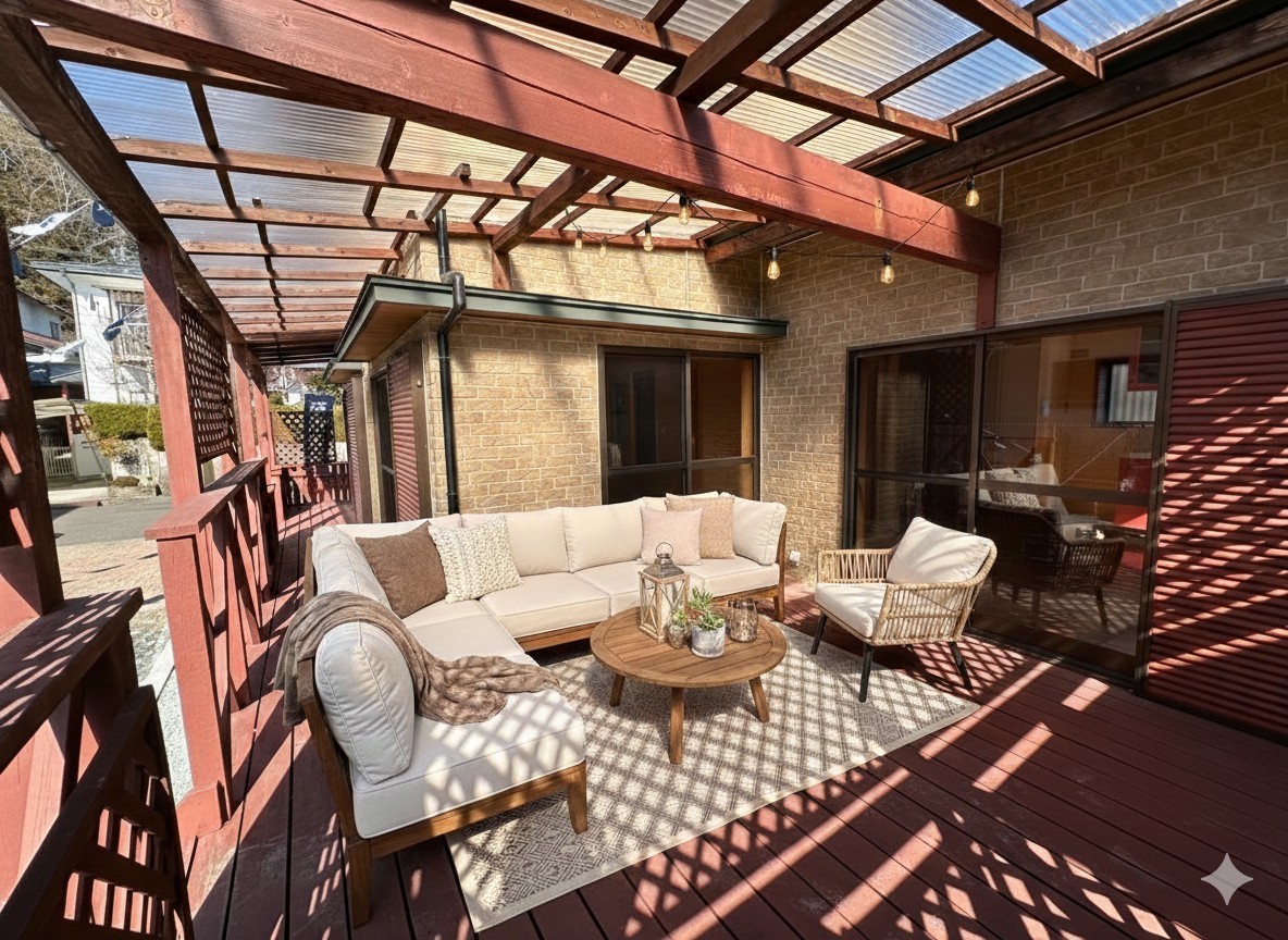 ＊テラス（2026年2月撮影）｜※CG合成で家具を配置したイメージです。※家具は販売しておりません。