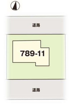 区画図｜北東約4.5ｍ接道、南西約5.0ｍ接道。駐車（縦列）2台以上可能。